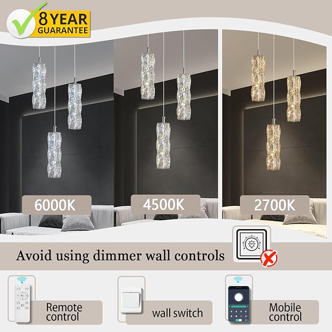 ykolupty Pendant Lights Kitchen Island 3-Lights Silver Crystal Chandelier for Dining Room Hallway Stairwell,LED Dimmable 2700K-6000K