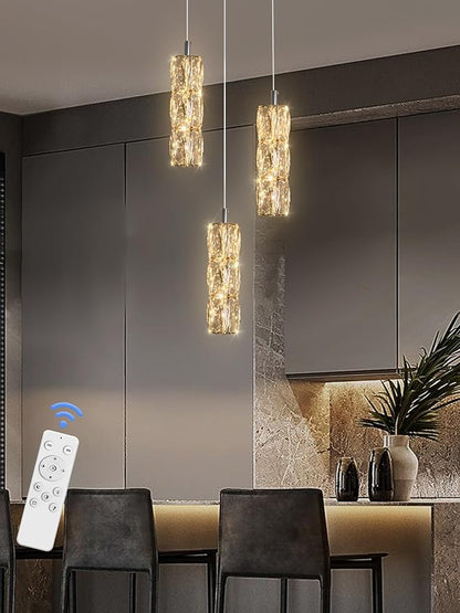 ykolupty Pendant Lights Kitchen Island 3-Lights Silver Crystal Chandelier for Dining Room Hallway Stairwell,LED Dimmable 2700K-6000K
