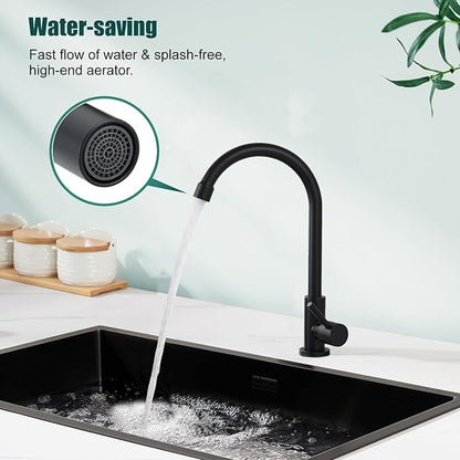 Heyalan Matte Black Cold Water Only Kitchen Faucet SUS304 Sink Faucets High Arc Gooseneck 360 Degree Rotation Spout Basin Tap with Longer Thread Pipe