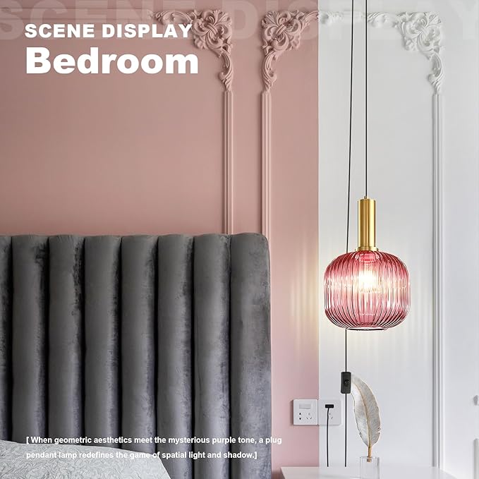Pink Pendant Light Plug in Glass Chandelier Lighting Vintage Gold Hanging Lamp Plug in Light Fixtures Ceiling Hanging Lights with Long Cord for Living Room Dining Room Bedroom Kitchen Island