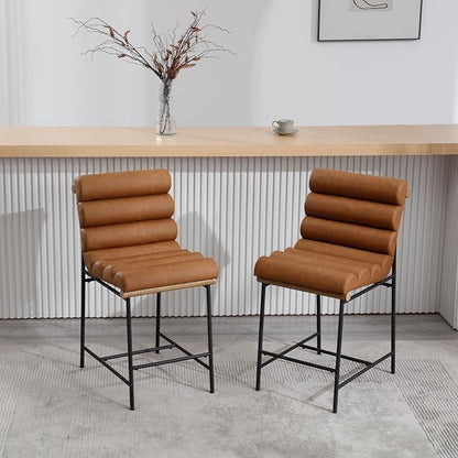 Brown Pu Leather Bar stools Set of 2, 25” Modern Upholstered Counter stools with Black Metal Legs, Armless Counter Height Chairs with Channel Tufted Back for Kitchen Island Home Pub
