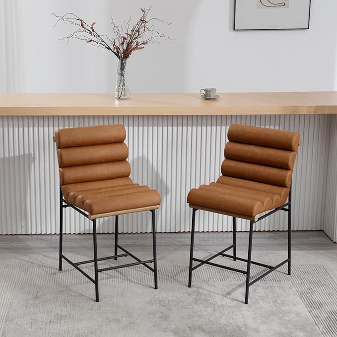 Brown Pu Leather Bar stools Set of 6, 25” Modern Upholstered Counter stools with Black Metal Legs, Armless Counter Height Chairs with Channel Tufted Back for Kitchen Island Home Pub