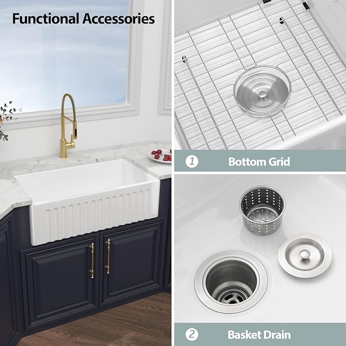 Kichae 33 White Farmhouse Kitchen Sink - 33X18 Inch Farm Kitchen Sink Farmhouse Sink Reversible Apron Front Ceramic Porcelain Farm Sinks Single Bowl