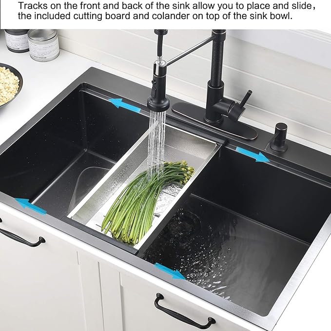 30 Inch Black Drop in Kitchen Sink Workstation - VOKIM 30x18-Inch Drop in sink Stainless Steel 16 Gauge 10'' Deep Single Bowl Topmount Kitchen Sink with Cutting Board& Strainer
