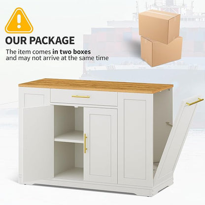 DWVO Large Kitchen Island with Trash Can Cabinet, 53 Inch Kitchen Island on Wheels, Rolling Island with Tilt-Out Garbage Storage Fits 13 Gallon Bin, Spice Rack and Drawer, for Dining Room, White