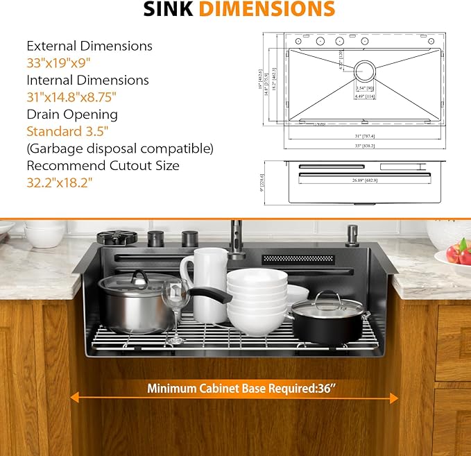 Mocoloo 33 Inch Black Honeycomb Waterfall Kitchen Sink Drop in, 33x19 Inch Stainless Steel Workstation Sink 16 Gauge Topmount Single Bowl Sink with Complete Kit