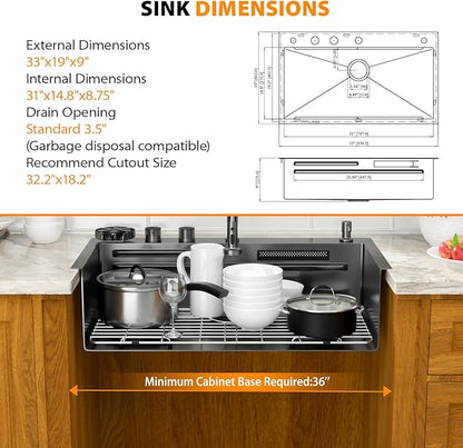 Mocoloo 33 Inch Black Honeycomb Waterfall Kitchen Sink Drop in, 33x19 Inch Stainless Steel Workstation Sink 16 Gauge Topmount Single Bowl Sink with Complete Kit