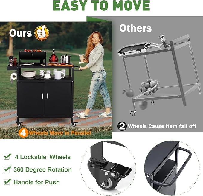 Outdoor Grill Cart with Storage Cabinet, Pizza Oven Stand Table with Wheels for Outside, Patio, Kitchen, Movable Outdoor Food Prep Table for Grill, BBQ