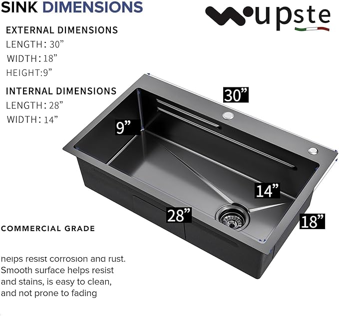Gunmetal Black Kitchen Sink 30 Inch Modern Stainless Steel Drop in kitchen Sink Workstation Scratch Resistant Single Bowl Kitchen Sinks Farmhouse Deep with Faucet Combo
