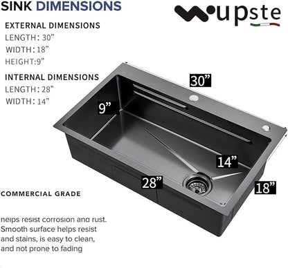 Gunmetal Black Kitchen Sink 30 Inch Modern Stainless Steel Drop in kitchen Sink Workstation Scratch Resistant Single Bowl Kitchen Sinks Farmhouse Deep with Faucet Combo