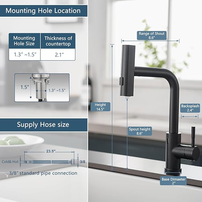 GIMILI Matte Black Touchless Kitchen Faucet with Pull Down Sprayer, 15” Hight Single Hole Handle Kitchen Sink Faucets