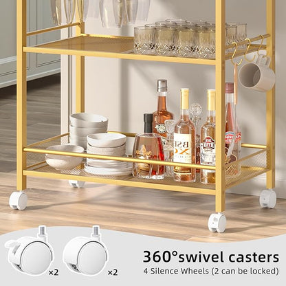 Joaxswe Bar Cart, Home Bar Serving Cart with 3-Tier Shelf,Microwave Cart with Lockable Wheels,Mobile Kitchen Shelf,Rolling Beverage Cart with Wine Rack and Glass Holder for Kitchen,Dinning Room,Gold