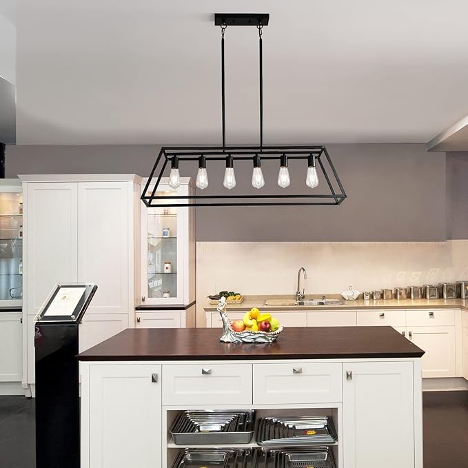 Black Kitchen Island Lighting, 6-Light Farmhouse Chandeliers, Modern Industrial Linear Rectangle Pendant Light Fixtures for Dining Room Kitchen Bar Foyer(Metal, E26 Base)