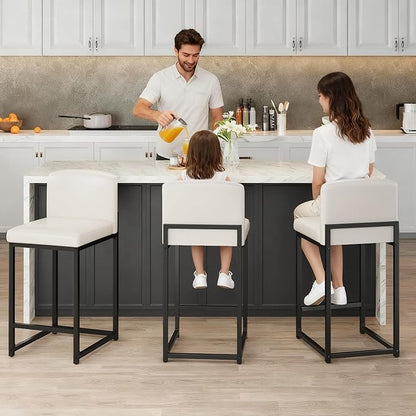 GarveeHome Bar Stools Set of 2, Modern Counter Height Bar Stools with Back and Footrest, Faux Leather Upholstered Barstools Chairs for Kitchen Island Dining Room Bar, White