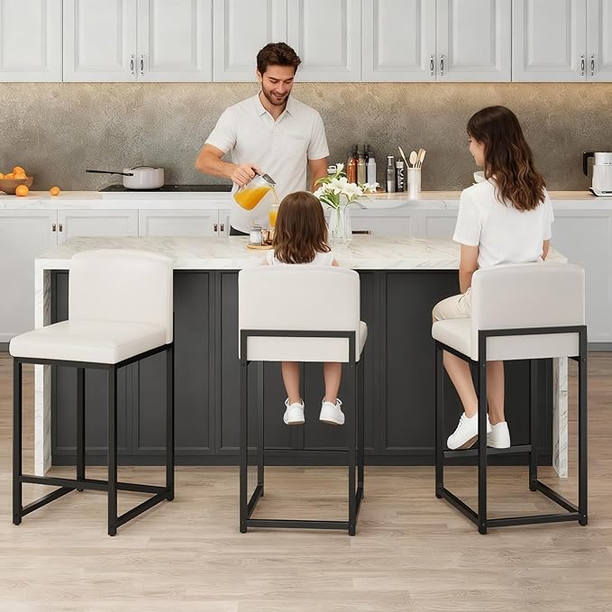 GarveeHome Bar Stools Set of 4, Modern Counter Height Bar Stools with Back and Footrest, Faux Leather Upholstered Barstools Chairs for Kitchen Island Dining Room Bar, White