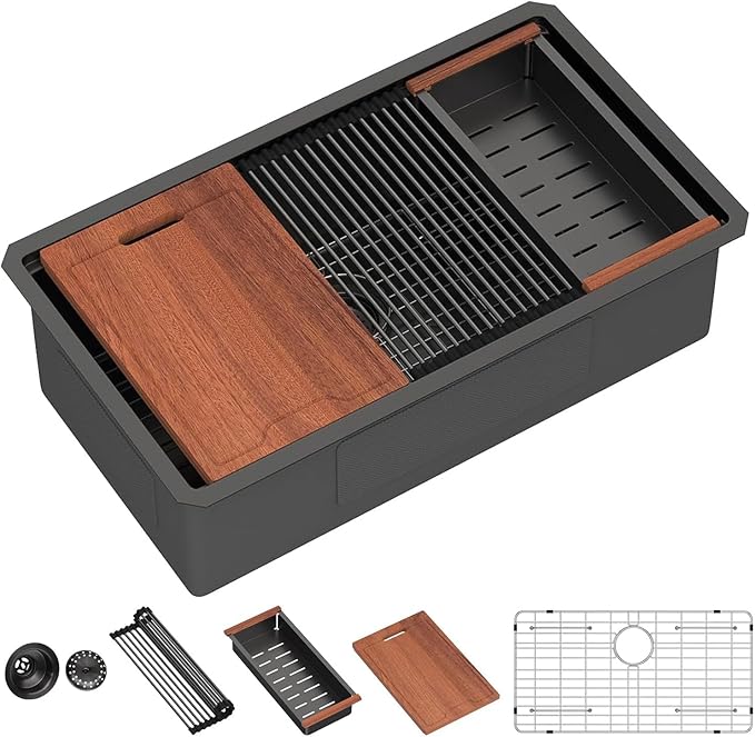 Lordear Matte Black 30 Undermount Kitchen Sink Ledge Workstation T304 16 Gauge Stainless Steel Single Bowl Under Counter Kitchen Sink Basin with Built-in Accessories 30x19x10 Inch