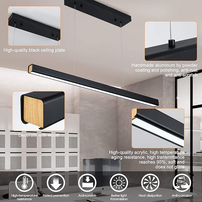 39.37" LED Linear Pendant Light Fixtures, 36W Dimmable Pool Table Light, Modern Island Lights for Kitchen Dining Room Living Room Office Bar, 1440lm, 6000k, Black