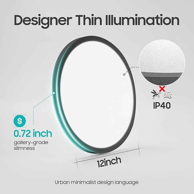 6 Pack 2640LM LED Flush Mount Ceiling Light Fixture, 12inch 24W Dimmable & 5 CCT Selectable (2700K-6500K), Sleek Modern Ceiling Light for Bedroom Laundry Hallway Kitchen, Black