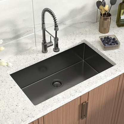 Black Undermount Kitchen Sink 30x18x9 Inch Single Bowl 18 Gauge Stainless Steel Under Counter Sinks Basin With Drain Strainer