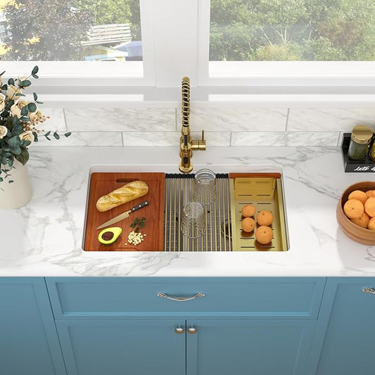 Sarlai 33 Granite Composite Kitchen Sink Double Bowl - 33"x19" White Granite Kitchen Sink Ledge Workstation White Undermount Double Bowl 50/50 Low Divide Quartz Classic Composite Under Counter Basin
