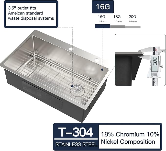 Kitchen Sink 33 x 22 Inch Drop-In Top Mount 16 Gauge Deep R10 Single Bowl 2-Hole Stainless Steel Kitchen Sink and Accessories (Pack of 4)