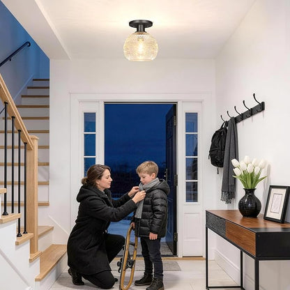 7.09in Semi Flush Mount Ceiling Light Fixture, Vintage Flush Mount Ceiling Light with Glass, Goble Hallway Light Fixtures, Black Bathroom Ceilings Light Overhead Lighting for Porch Corridor Closets