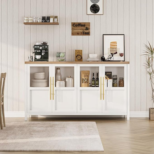 Garvee Large Buffet Cabinet with Storage, Sideboard Buffet Cabinet with Glass Doors, Modern Farmhouse Storage Cabinet Table for Kitchen Dining Room, Living Room (White, Glass with 4 Doors)