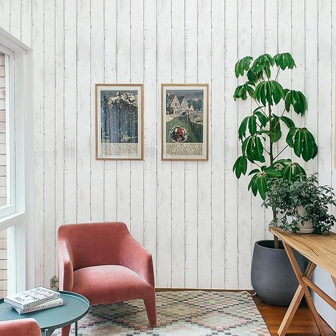 Abyssaly Wood Contact Paper White Gray 17.71" X 217" Self-Adhesive Removable Peel and Stick Wallpaper Thickened Decorative Wall Covering Vintage Wood Panel Interior Film for Home Decoration