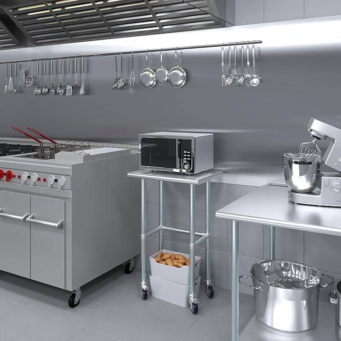 Stainless Steel Work Table Open Base & Wheels | NSF Kitchen Island Food Prep | Laundry Garage Utility Bench (24" Long x 18" Deep)