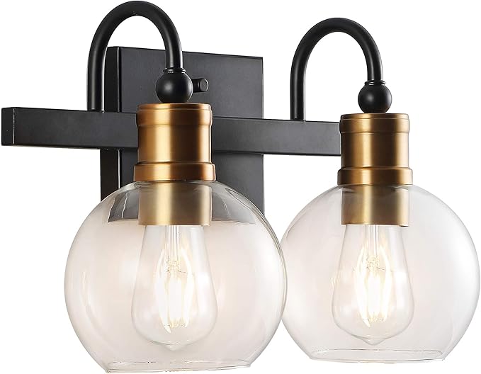 JONATHAN Y 14.5" Black/Brass Gold Vintage Wall Sconce, LED Vanity Light for Bathroom Bedroom Entryway, Clear Glass Globe Shade, Modern Industrial Arched Lamp, LED Bulb Included (JYL3527A)
