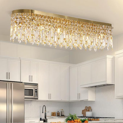 Siljoy 12-Light Modern Gold Crystal Raindrop Chandelier for Dining Room, Luxury Oval Flush Mount Crystal Pendant Ceiling Light Fixture for Living Room Kitchen Island Bar L47''xW11''xH10.6''