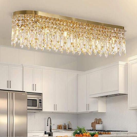 Siljoy 12-Light Modern Gold Crystal Raindrop Chandelier for Dining Room, Luxury Oval Flush Mount Crystal Pendant Ceiling Light Fixture for Living Room Kitchen Island Bar L47''xW11''xH10.6''
