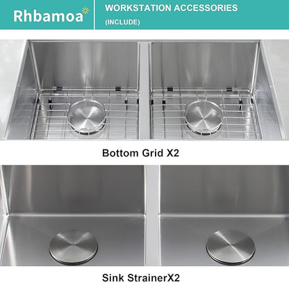 Rhbamoa Double Bowl Kitchen Sink Undermount 31 inch,16-Gauge T304 Undermount Kitchen Sink Stainless Steel,50/50 Stainless Steel Double Sinks with Accessories,Deep Sinks with Brushed Finish