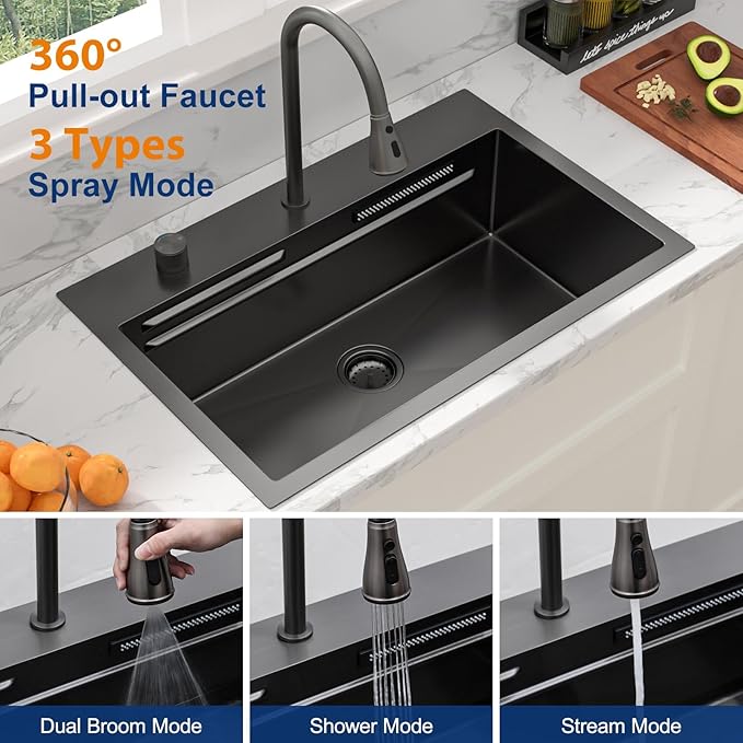 Sarlai 31 Inch Black Waterfall Kitchen Sink Drop In - 31x20 Inch Drop In Waterfall Sink Ledge Workstation Black Stainless Steel 16 Guage Single Bowl Kitchen Sinks Basin