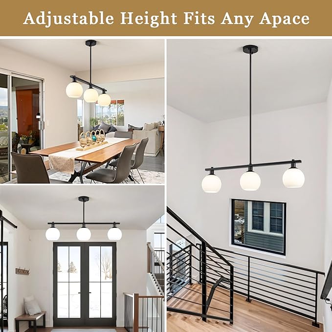 Kitchen Island Lighting 3 Lights Linear Pendant Light Fixtures With Milk Glass Shades Black Farmhouse Chandeliers for Dining Room Chandelier Over Table Mid Century Modern Hanging Light Fixture for Bar