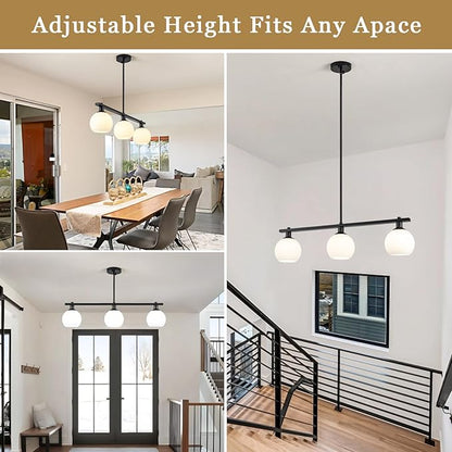 Kitchen Island Lighting 3 Lights Linear Pendant Light Fixtures With Milk Glass Shades Black Farmhouse Chandeliers for Dining Room Chandelier Over Table Mid Century Modern Hanging Light Fixture for Bar