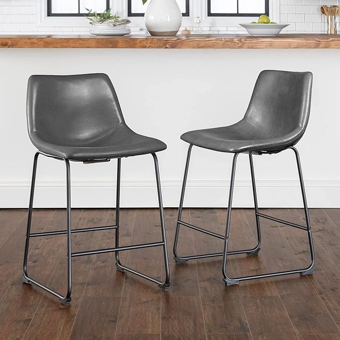 LEMBERI 26 inch Bar Stools Set of 2, Modern Counter Height Bar Stools, Faux Leather Barstool with Back and Metal Leg, Armless Bar Chairs for Kitchen Island (Grey, 2pcs 26")