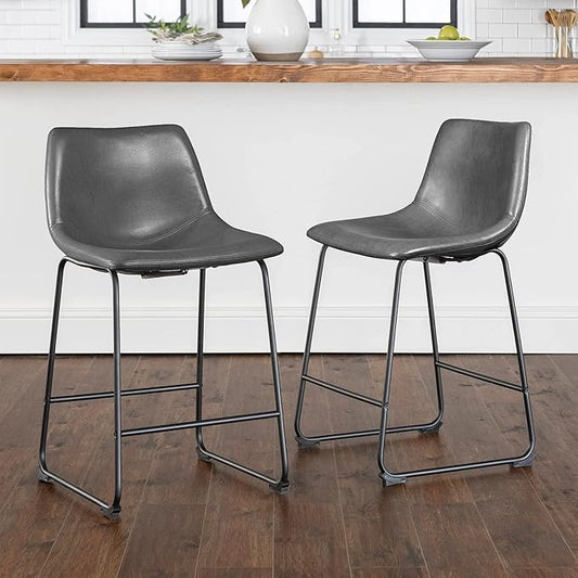 LEMBERI 26 inch Bar Stools Set of 2, Modern Counter Height Bar Stools, Faux Leather Barstool with Back and Metal Leg, Armless Bar Chairs for Kitchen Island (Grey, 2pcs 26")