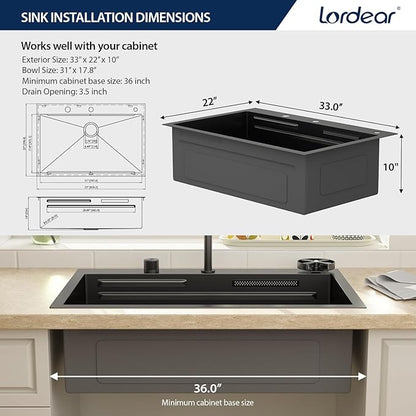 Lordear 33 Drop In Kitchen Sink with Faucet 33x22 Inch Black Waterfall Kitchen Sinks Topmount Stainless Steel 16 Gauge Single Bowl Workstation Smart Sink with Separated Switch Knob