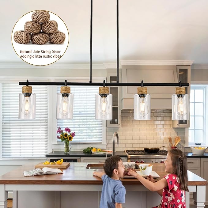 5-Light Linear Chandeliers, Black Kitchen Pendant Lighting Over Island, Farmhouse Dining Room Light fixtures with Jute Rope & Clear Glass Shades(Black 5 Light)
