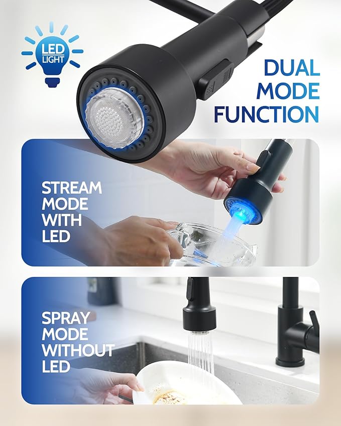 LUFEIDRA Black Kitchen Faucet with Sprayer LED Light, High Arc Spring 304 Stainless Steel Single Handle LED Faucets, Kitchen Sink Faucet for Bar Sink Rv, Matte Black