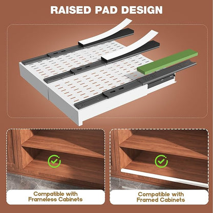 Seinloes 2 Pack Pull Out Cabinet Organizer Expandable Width(13"-21") and Depth(17"-24"), Slide Out Drawers With Raising Pad for Framed Cabinets, No Drill Roll Out Shelves for kitchen, Bathroom, White
