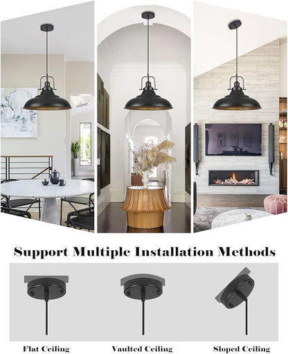 Black Pendant Light,16 Inch Large Industrial Pendant Lights, Matte Black Pendant Lights Kitchen Island, Vintage Farmhouse Pendant Light for Kitchen Island, Dining Room, Hallway (1 Pack)