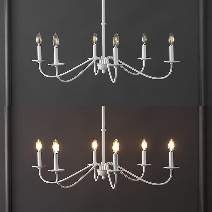JONATHAN Y 34.75" White 6-Light Bohemian Farmhouse Iron Chandelier, Rustic Candle-Style LED Hanging Light for Dining Room Kitchen Island Entryway Foyer (JYL7559D)