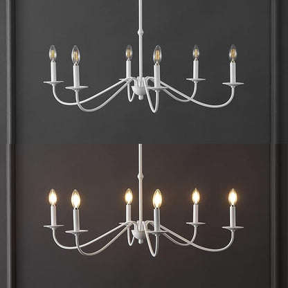 JONATHAN Y 34.75" White 6-Light Bohemian Farmhouse Iron Chandelier, Rustic Candle-Style LED Hanging Light for Dining Room Kitchen Island Entryway Foyer (JYL7559D)