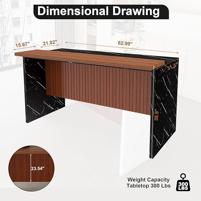 JOSHEN 63" Marble-Look Extendable Dining Table, Kitchen Work Island with Adjustable LED Lights, Kitchen Island Table with Grille Details for Kitchen Dining Areas, Walnut+Black