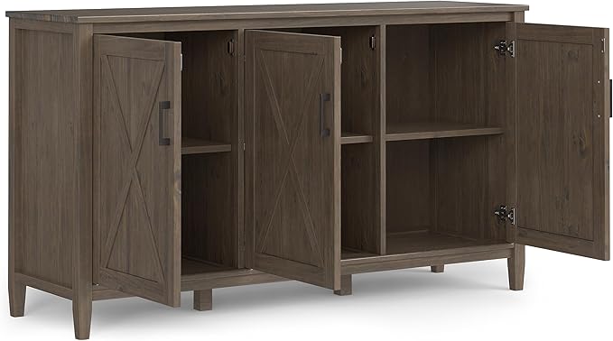 SIMPLIHOME Ela Storage Cabinet - 60 inch Wide Solid Wood 3-Shelf Wide Storage Cabinet in Smoky Brown, Transitional Accent Cabinet for Living Room or Entryway with Shaker Style Doors and Shelves