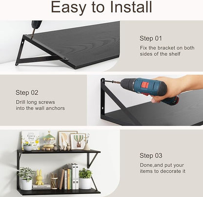 Floating Shelves 55 Inch Long, 10" Deep Floating Shelves, Black Wall Shelves 55 x 10, Set of 2, Wide Large Display Storage Shelves for Bathroom, Living Room, Rustic Wood Shelves with Brackets