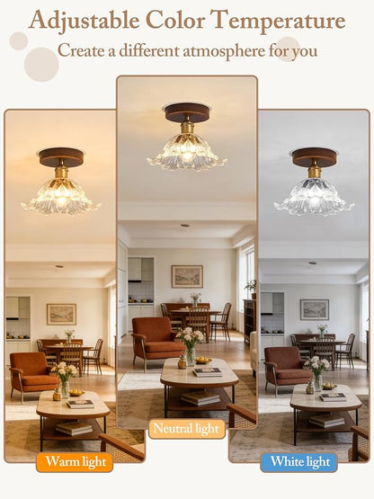 Semi Flush Mount Ceiling Light, Flower Ceiling Light Fixture, Wood Kitchen Ceiling Lights with Glass Shade, Vintage Lighting for Bedroom Bathroom Entryway Hallway, Included Bulb