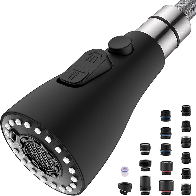 Metal Kitchen Faucet Head Replacement – 3 Mode Kitchen Sink Sprayer Replacement with 15 Nozzle Adapters, Durable Pull Down Spray Head for Kitchen Sink (Stream/Spray/Blade),Stainless Steel, Matte Black